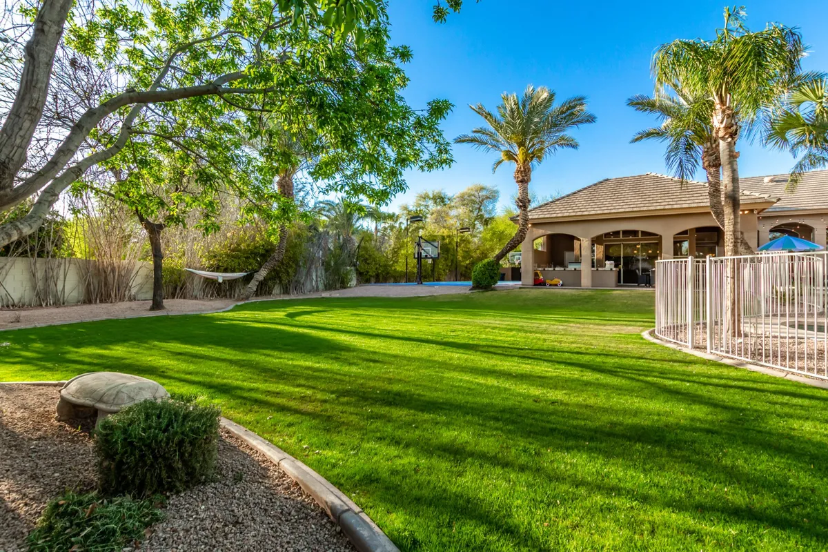A lush green lawn is framed by tall palm trees, a covered patio, and a hammock. The open space is ideal for active play, picnics, and relaxing with loved ones, echoing the expansive and versatile outdoor areas described in the section.